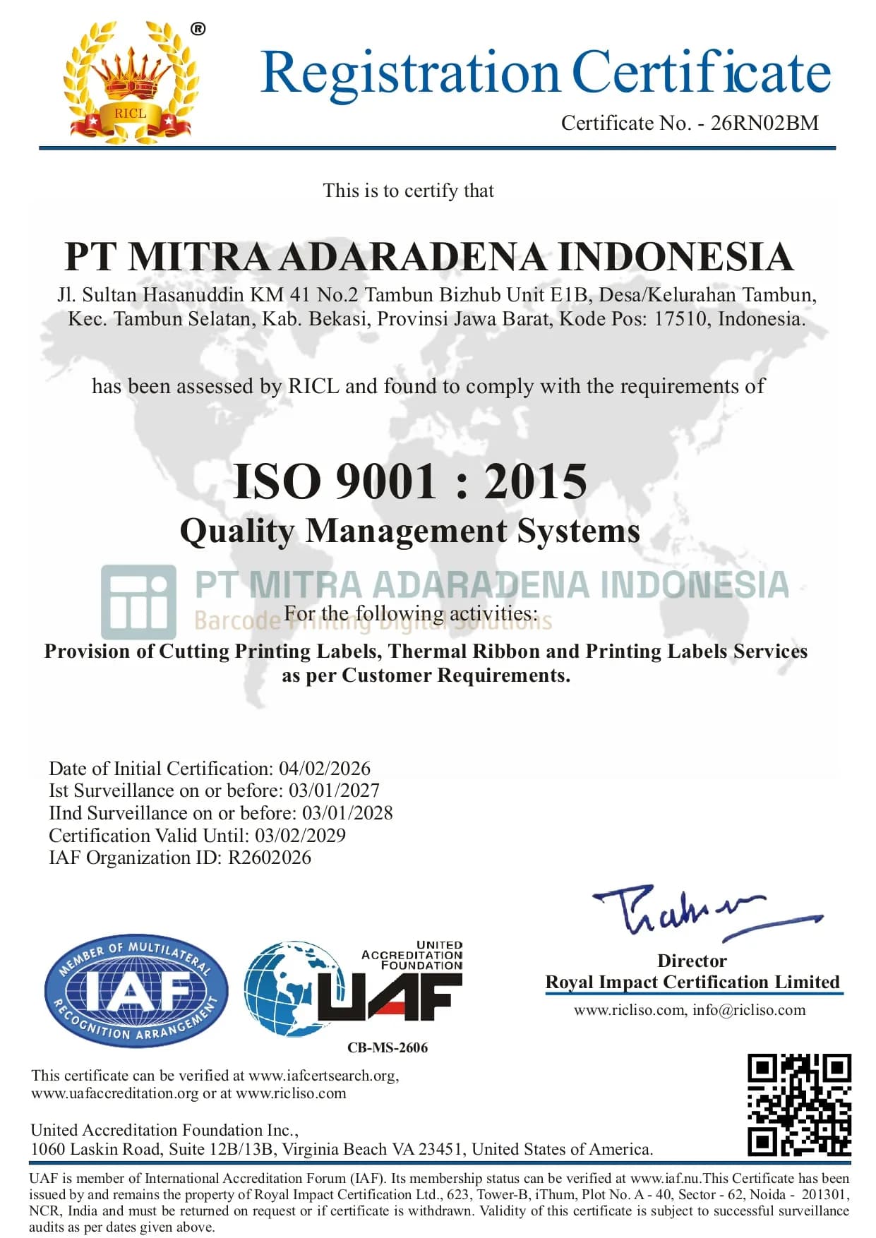 ISO 9001:2015 certificate number 26RN02BM, issued to PT Mitra Adaradena Indonesia by Royal Impact Certification Limited and valid until 3 February 2029