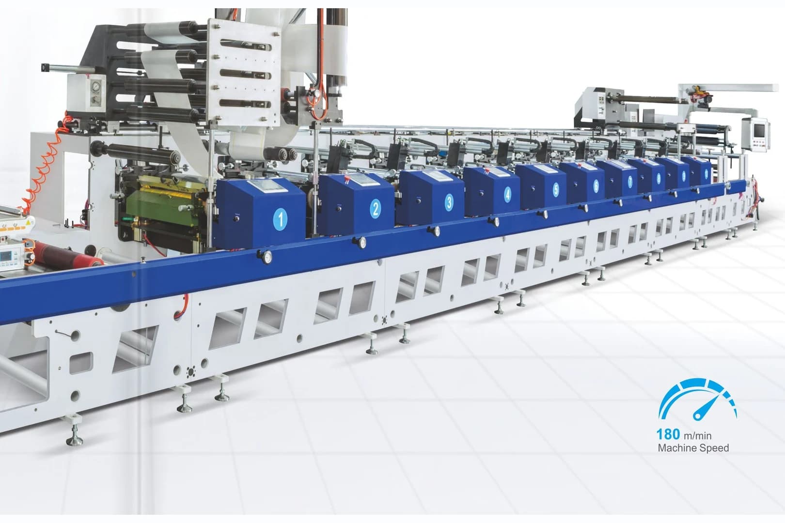 An eight colour narrow web flexographic press