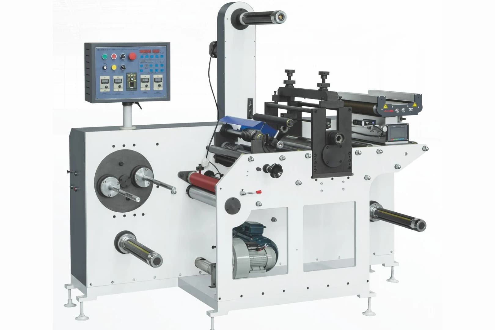A rotary die cutting and slitting machine for blank labels