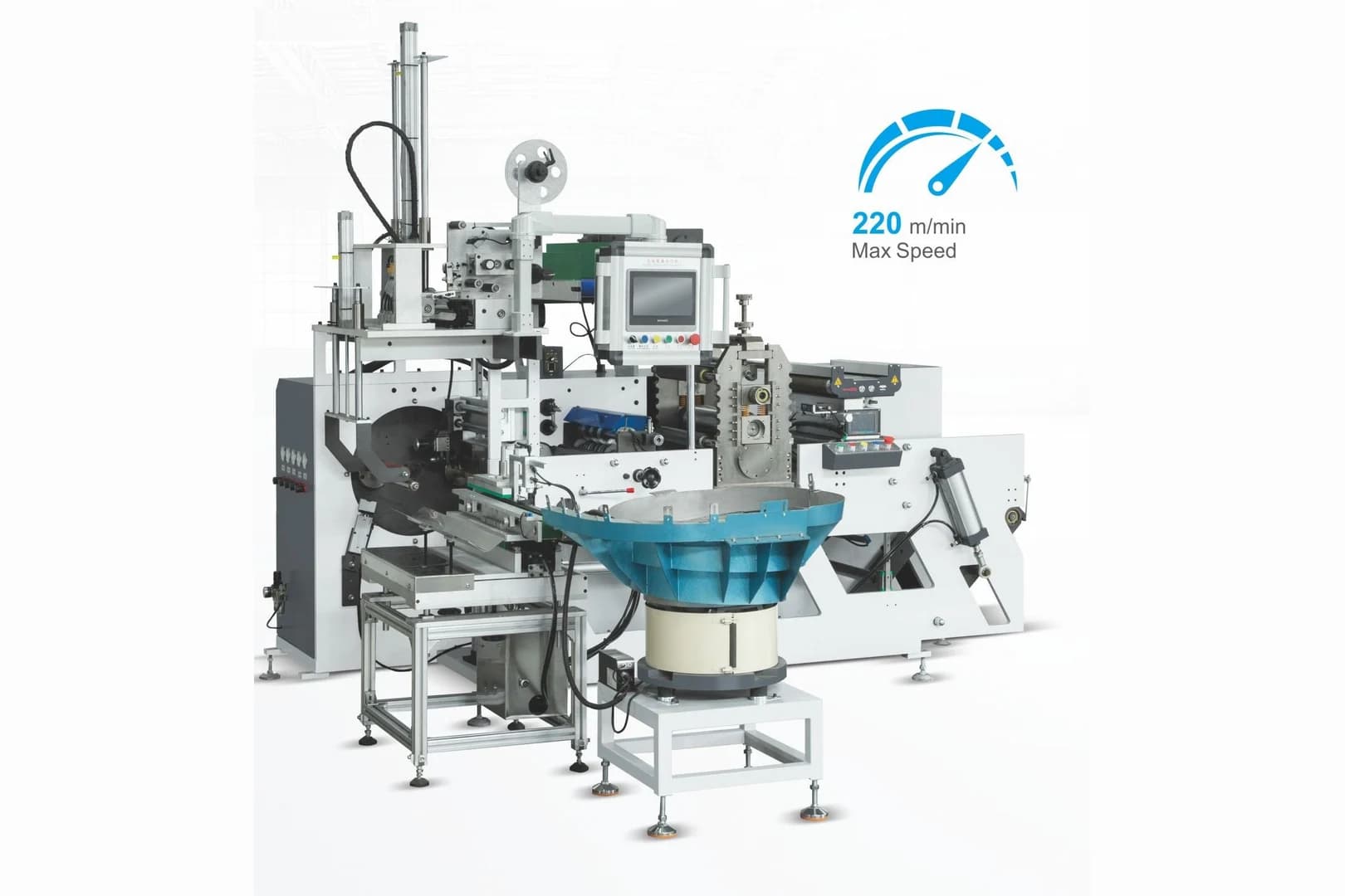 A fully automatic rotary die cutting, slitting, and rewinding line