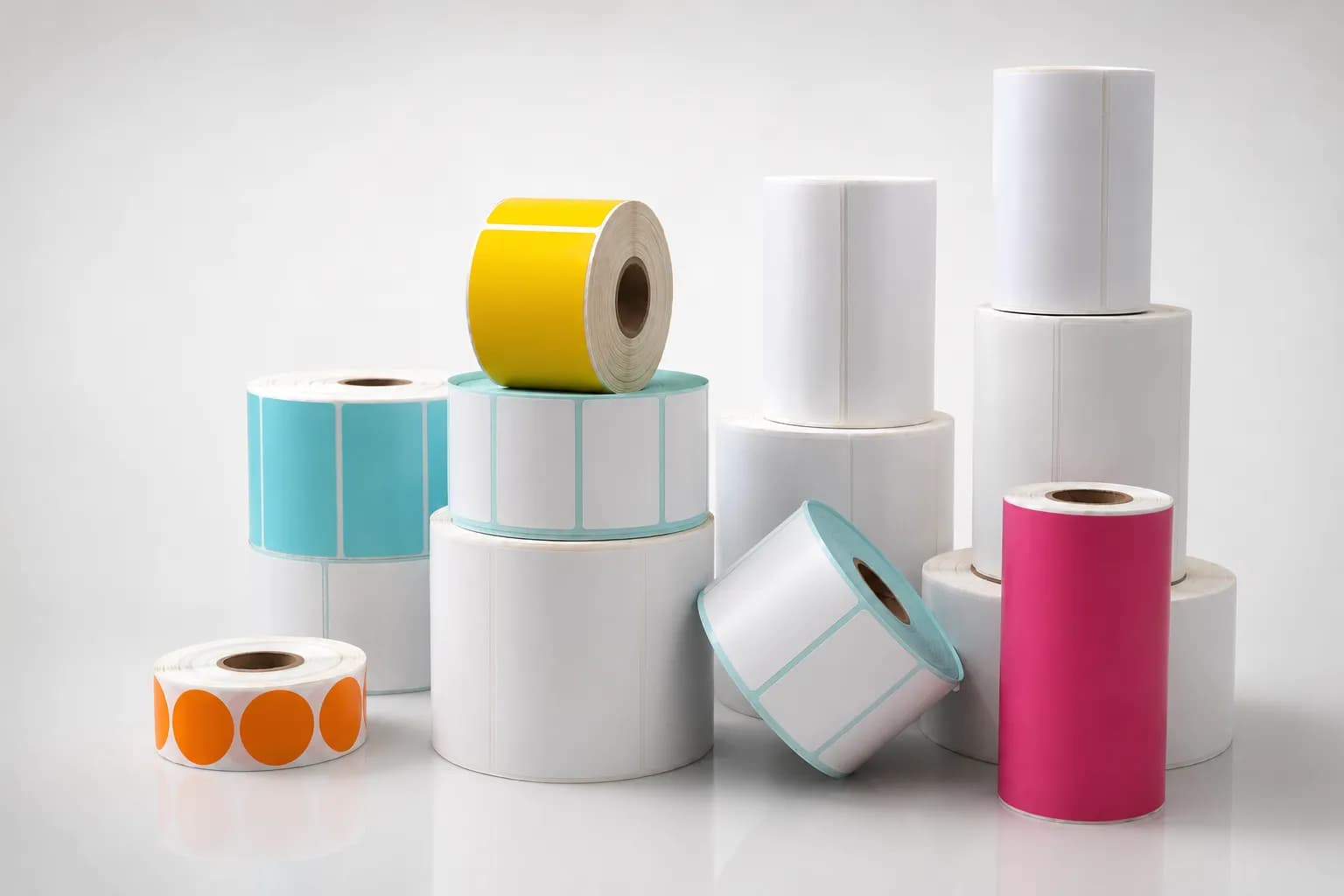 Rolls of blank die-cut label stock in white and several colours, wound on kraft liner