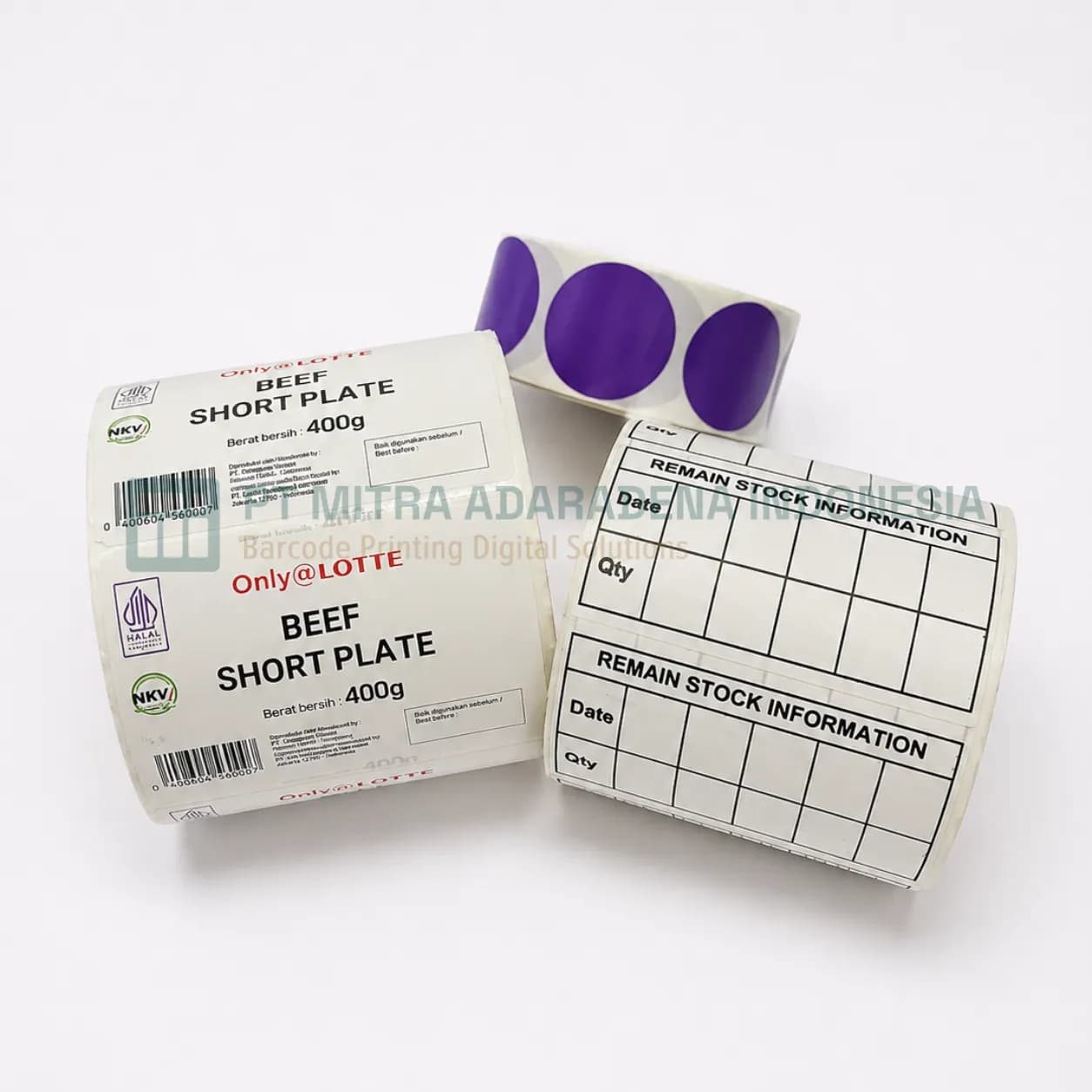 Custom printed retail labels including a meat product label with halal and NKV certification marks