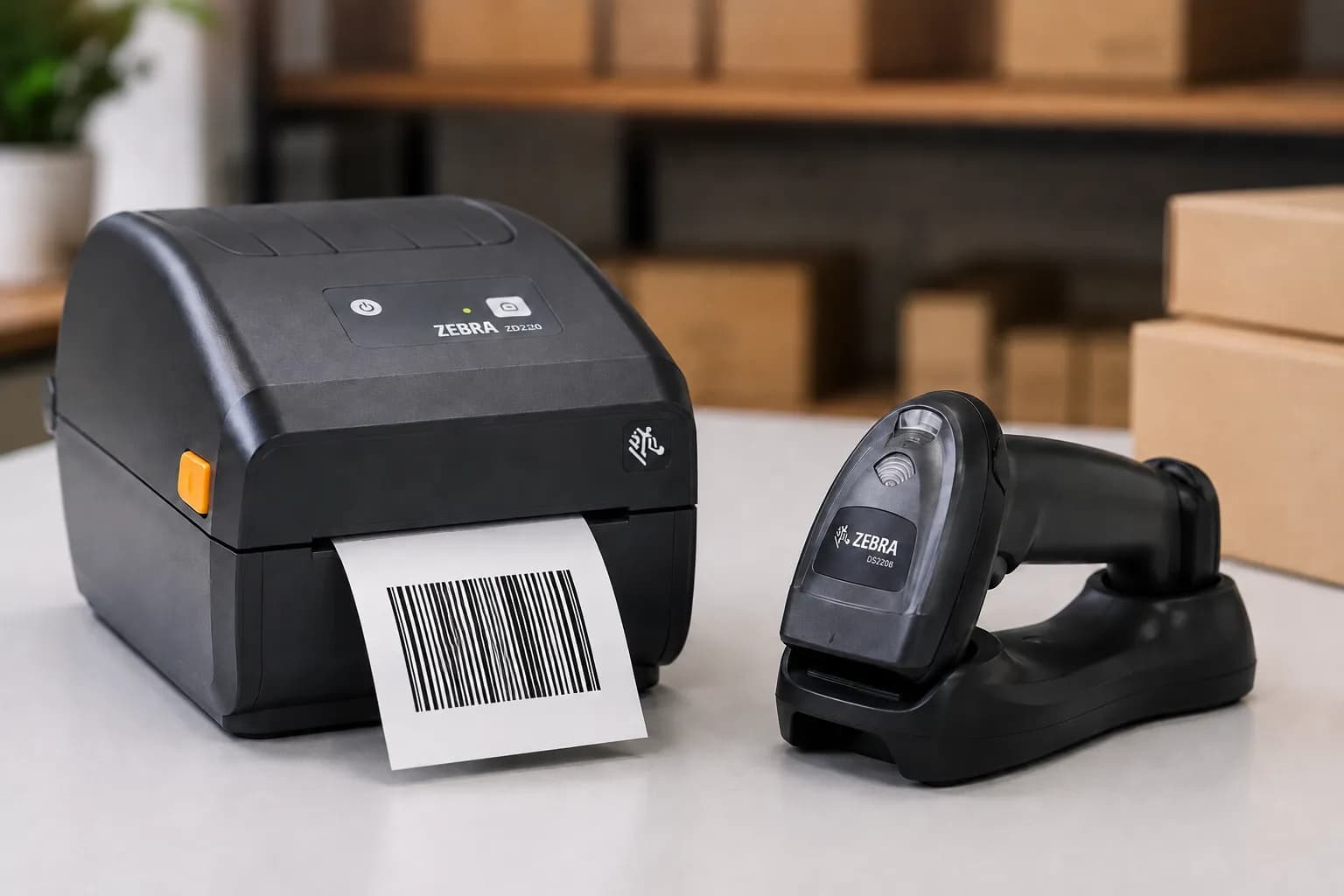 A Zebra ZD220 barcode printer feeding a printed label next to a Zebra DS2206 handheld scanner