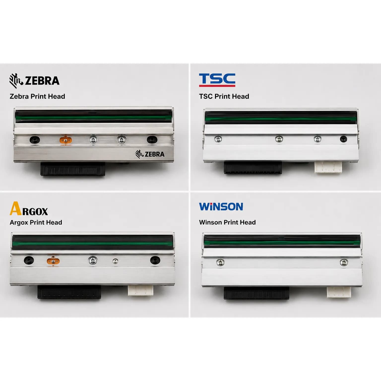 Four thermal print heads from Zebra, TSC, Argox, and Winson shown side by side