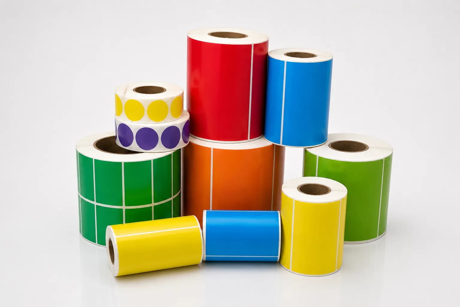 Rolls of printed labels in solid colours, including a red, orange, and yellow-and-purple dotted roll