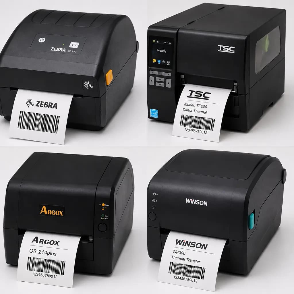 Four barcode printers from Zebra, TSC, Argox, and Winson, each feeding a printed label