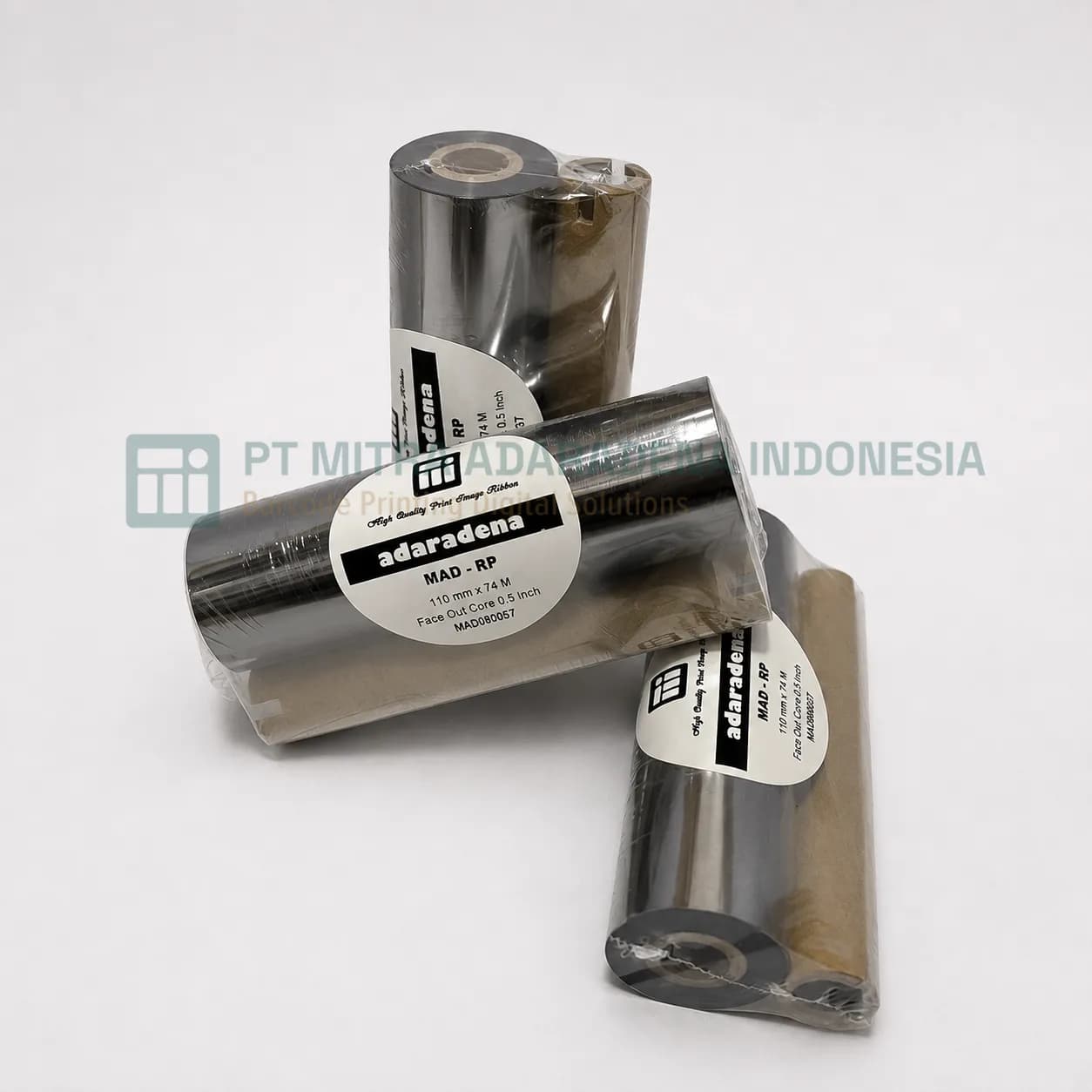 Three rolls of resin premium thermal transfer ribbon labelled MAD-RP