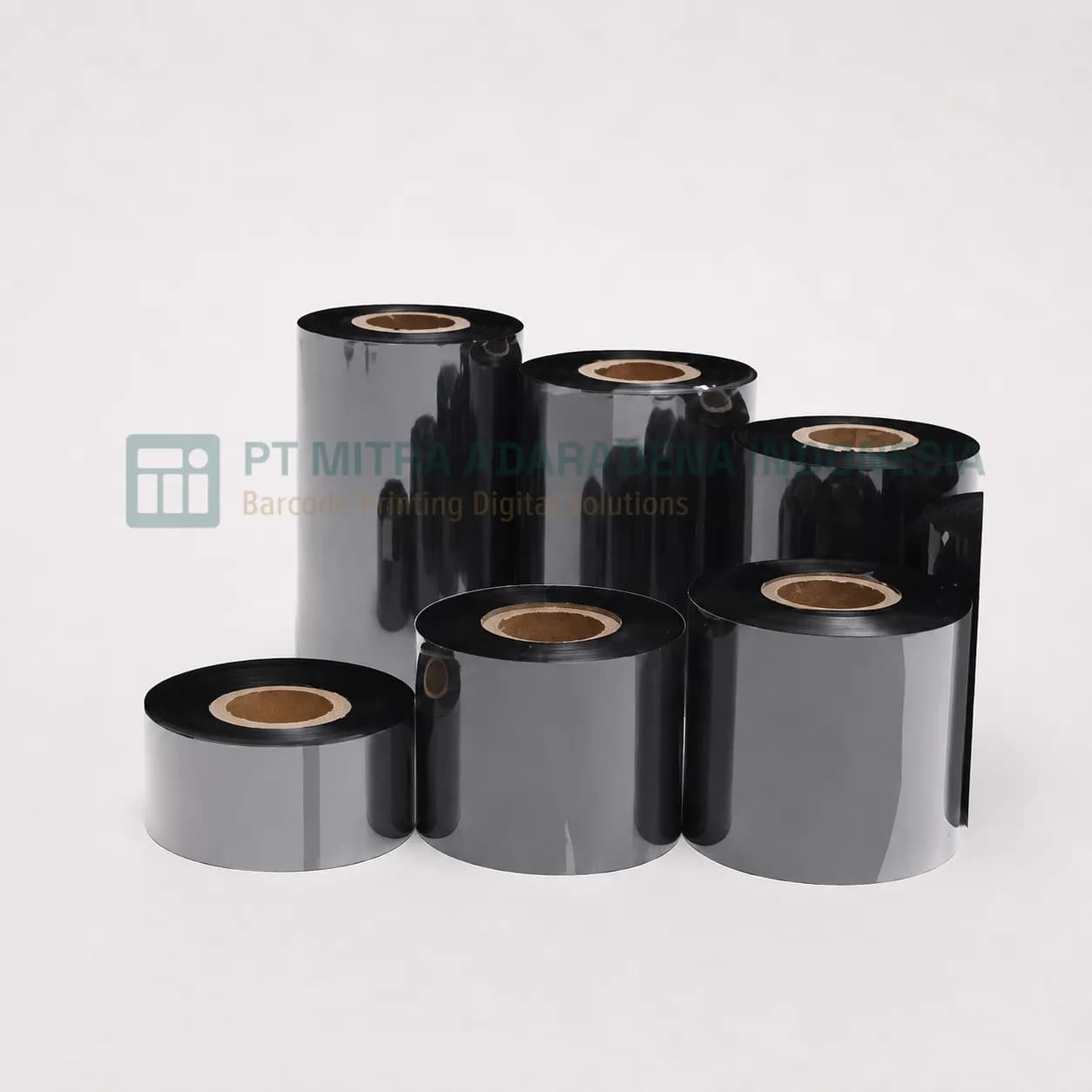 Six rolls of thermal transfer overprinter ribbon in several widths and diameters