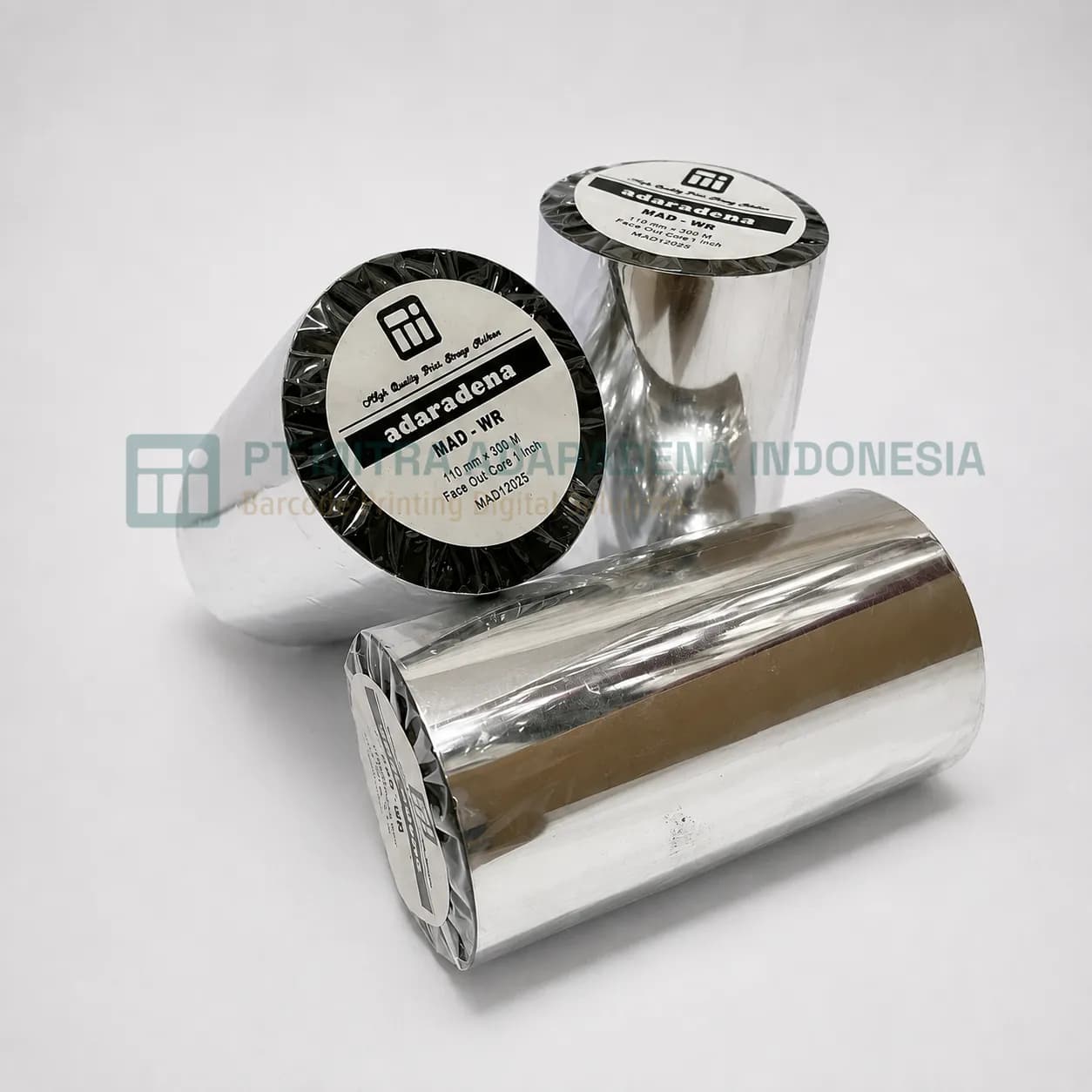 Three rolls of wax resin premium thermal transfer ribbon labelled MAD-WR