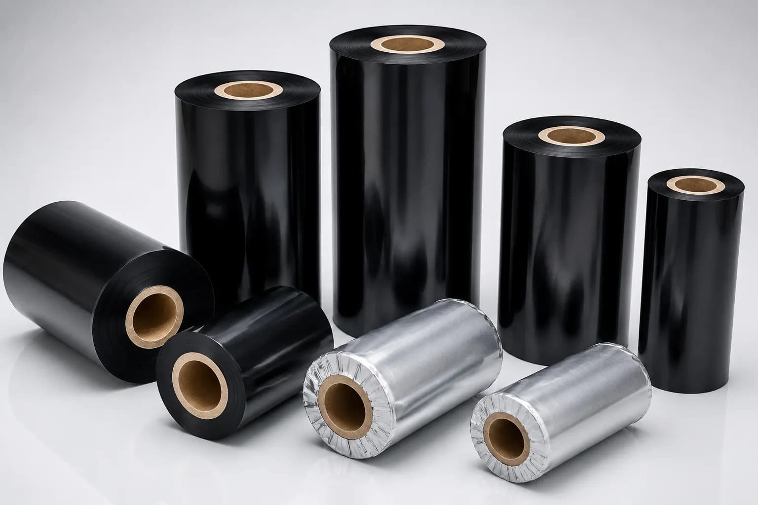 Rolls of black wax and resin thermal transfer ribbon alongside silver foil ribbon rolls