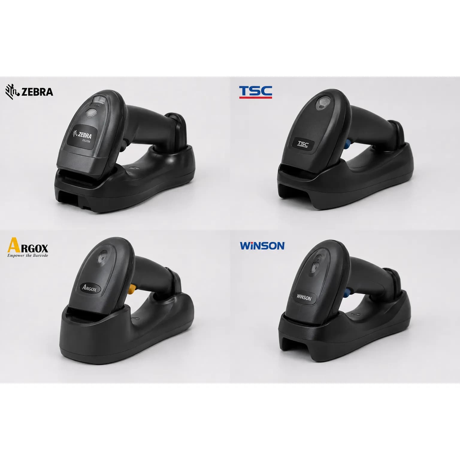 Four handheld barcode scanners from Zebra, TSC, Argox, and Winson in their charging cradles