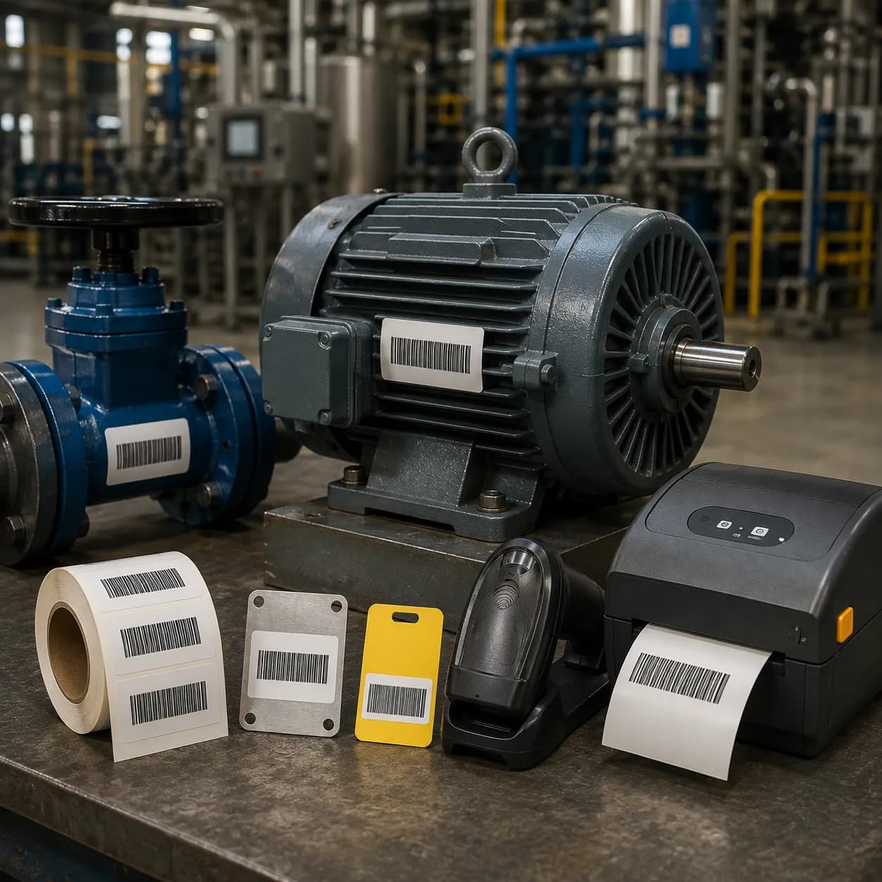 Barcode asset tags applied to an industrial motor and valve, alongside a printer and scanner