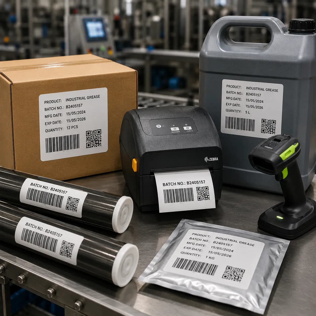 Batch and lot code labels with QR codes on a carton, jerry can, film rolls, and a pouch, next to a printer and scanner
