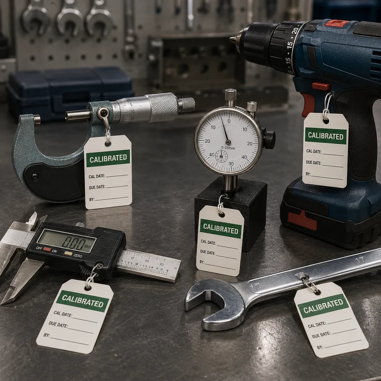 Calibrated tags attached to a micrometer, dial gauge, caliper, drill, and wrench