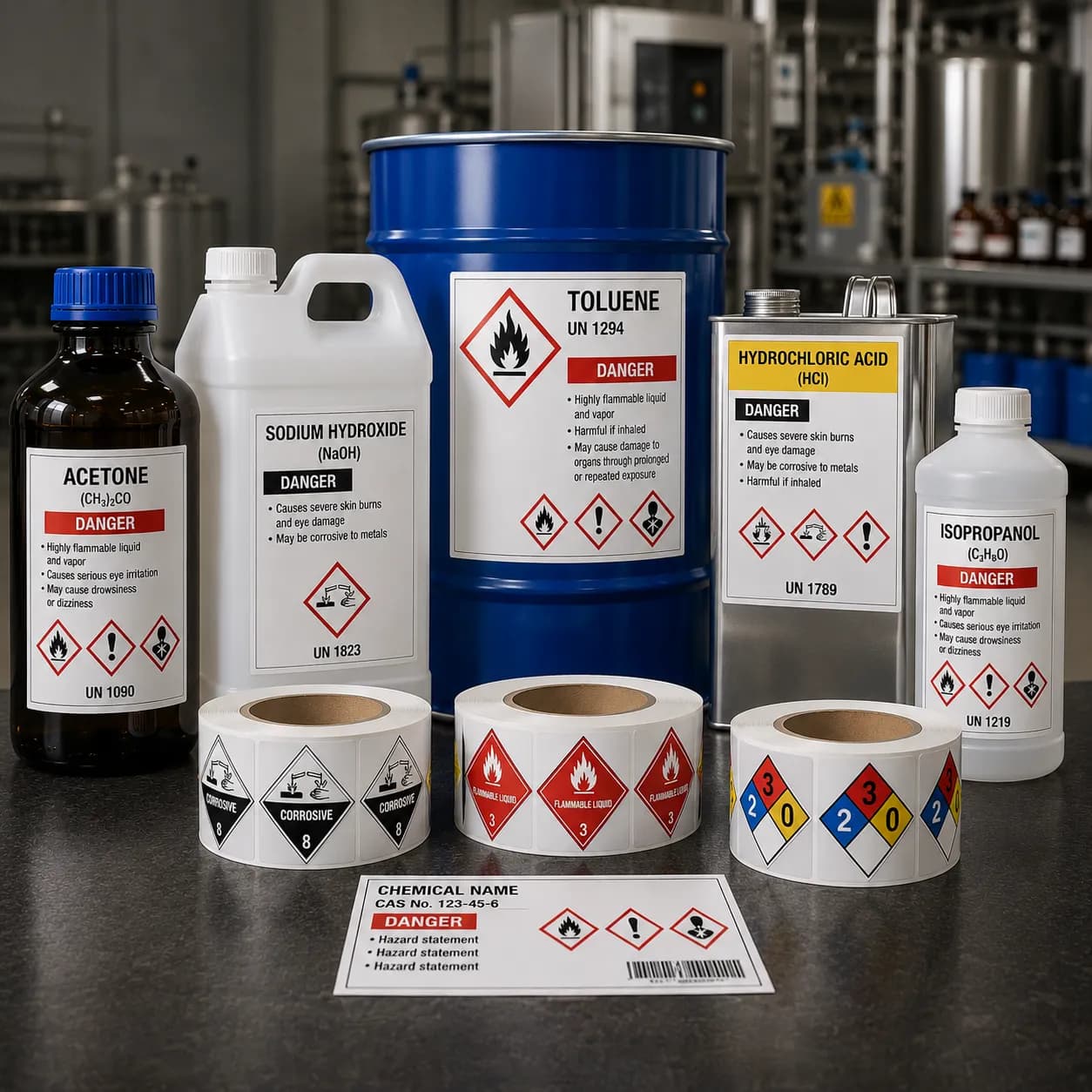 GHS-labelled chemical containers and hazard pictogram label rolls on a lab bench