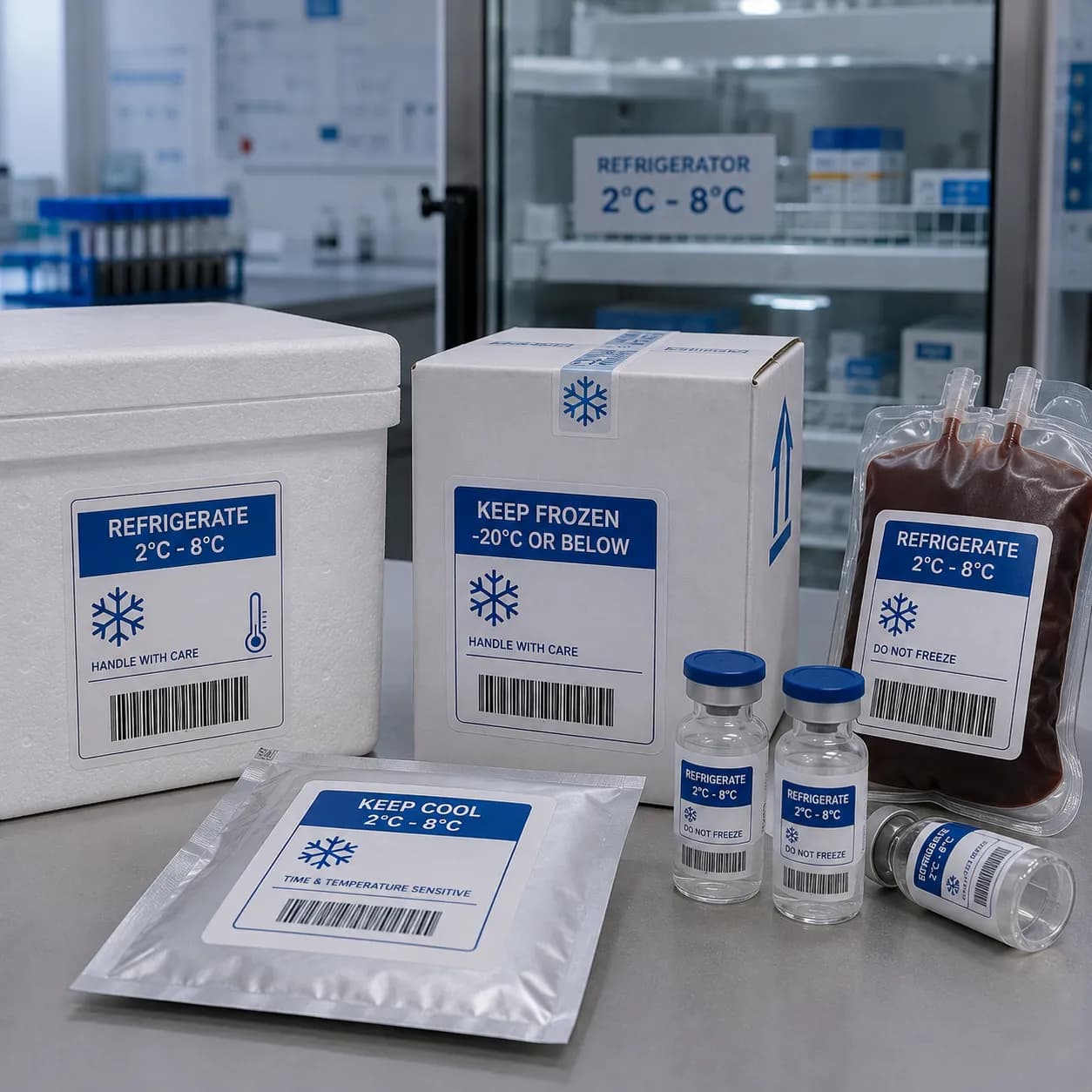 Refrigerated and frozen shipping boxes, a cold pack, vials, and a blood bag all carrying temperature-controlled labels with barcodes