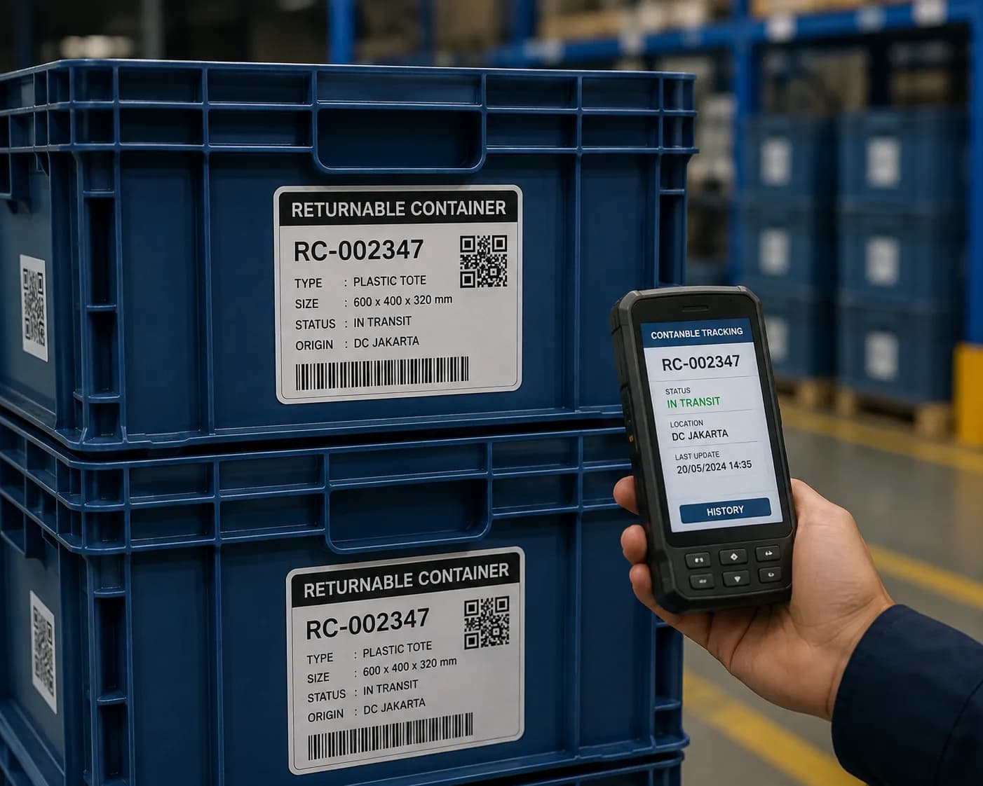 Stacked blue returnable containers with barcode tracking labels, one being scanned by a handheld device showing its status