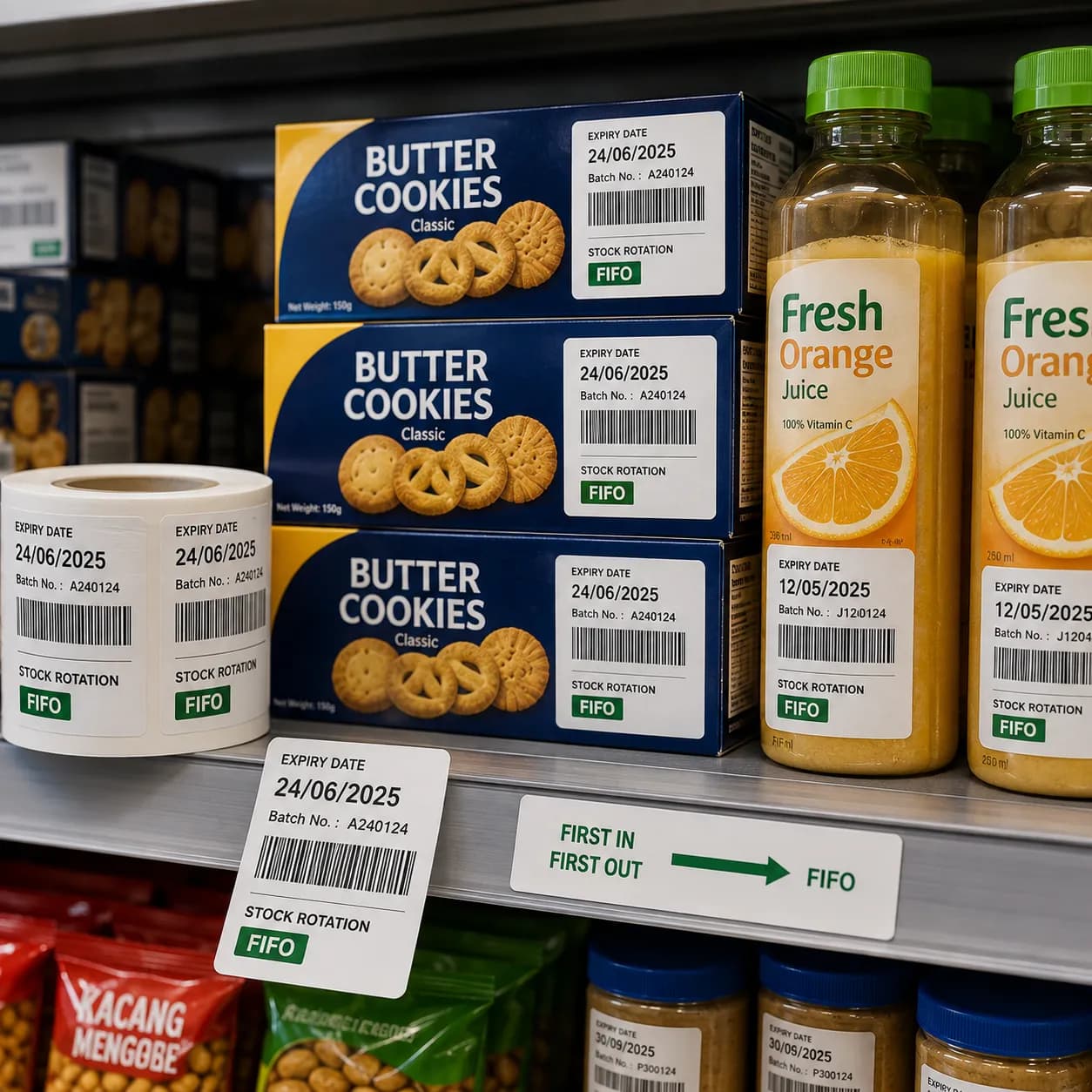 Retail shelf with expiry-date and batch labels on packaged food and a FIFO stock rotation sign