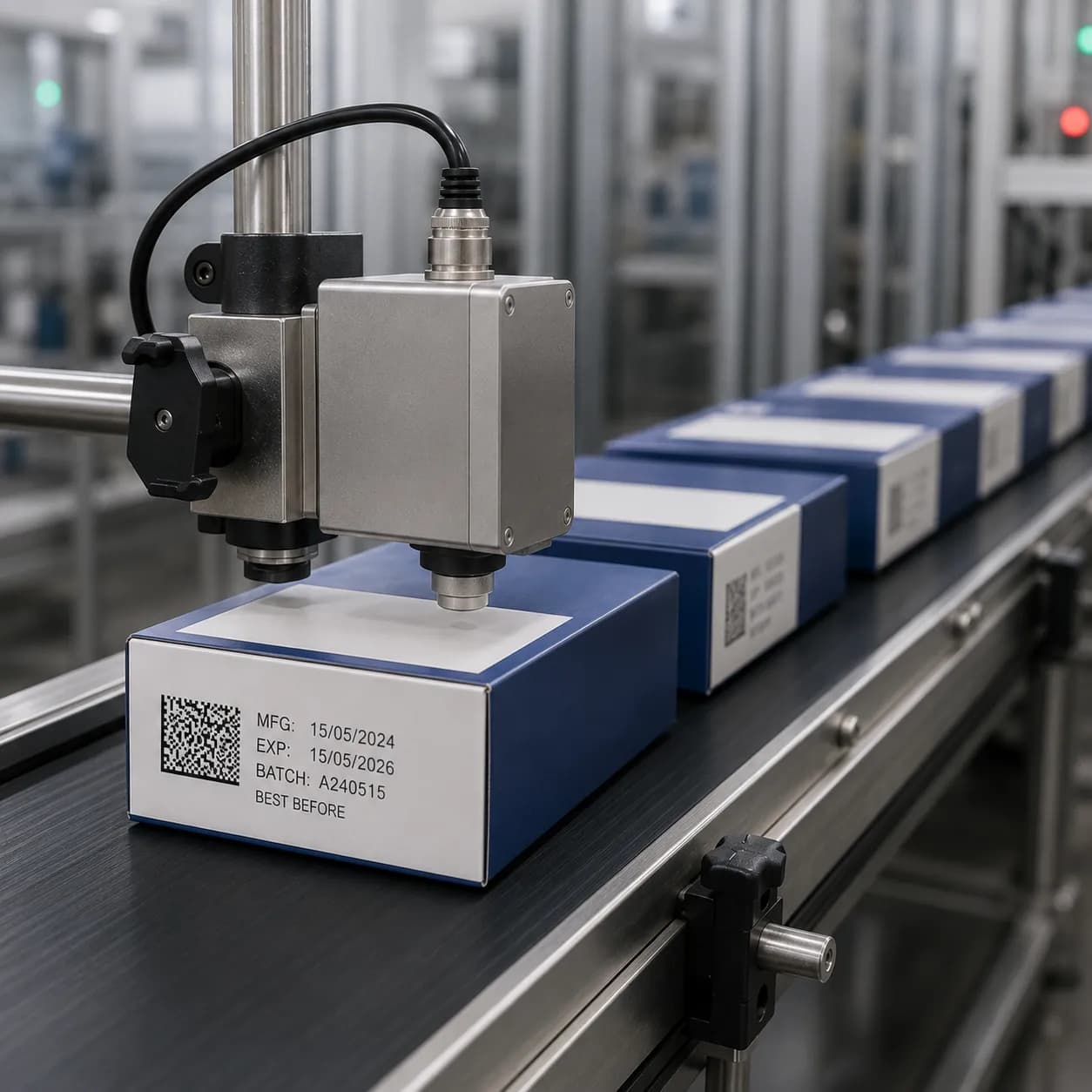 An inline print-and-apply head marking a QR code and date codes onto a carton on a conveyor