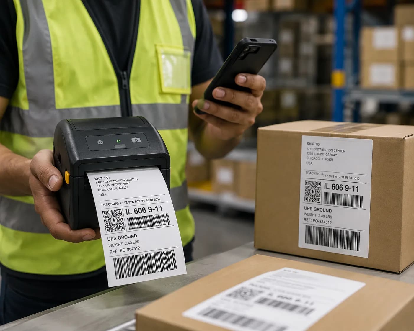 A worker in a safety vest holding a portable label printer producing a shipping label, checking a handheld device