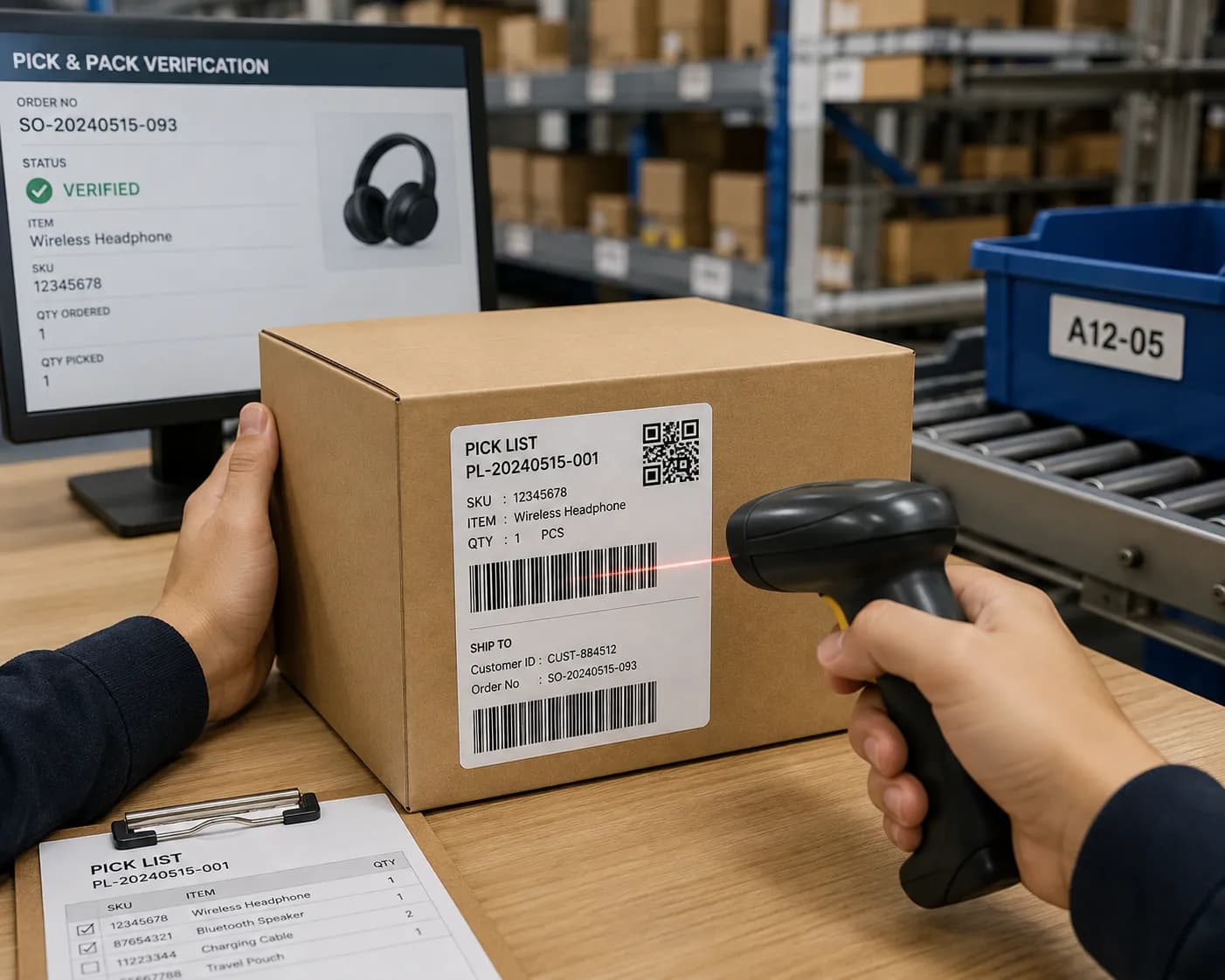 A warehouse worker scanning a pick-list barcode on a carton next to a screen showing the order verified