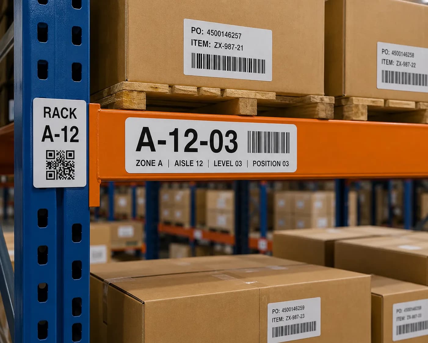 A large format warehouse rack location label reading A-12-03 with zone, aisle, level, and position details