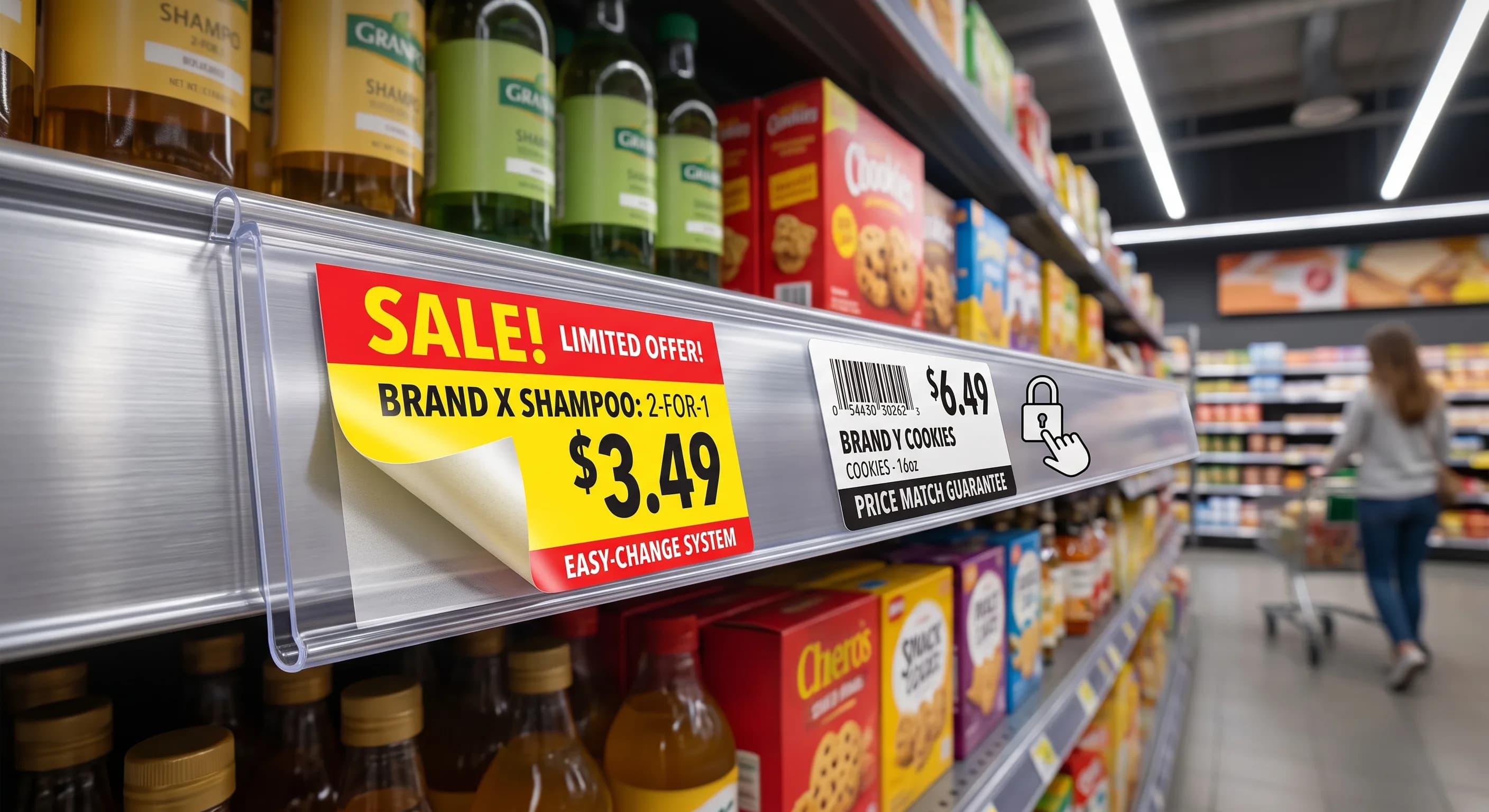 A promotional shelf label being peeled from a shelf edge rail, beside a barcoded price label