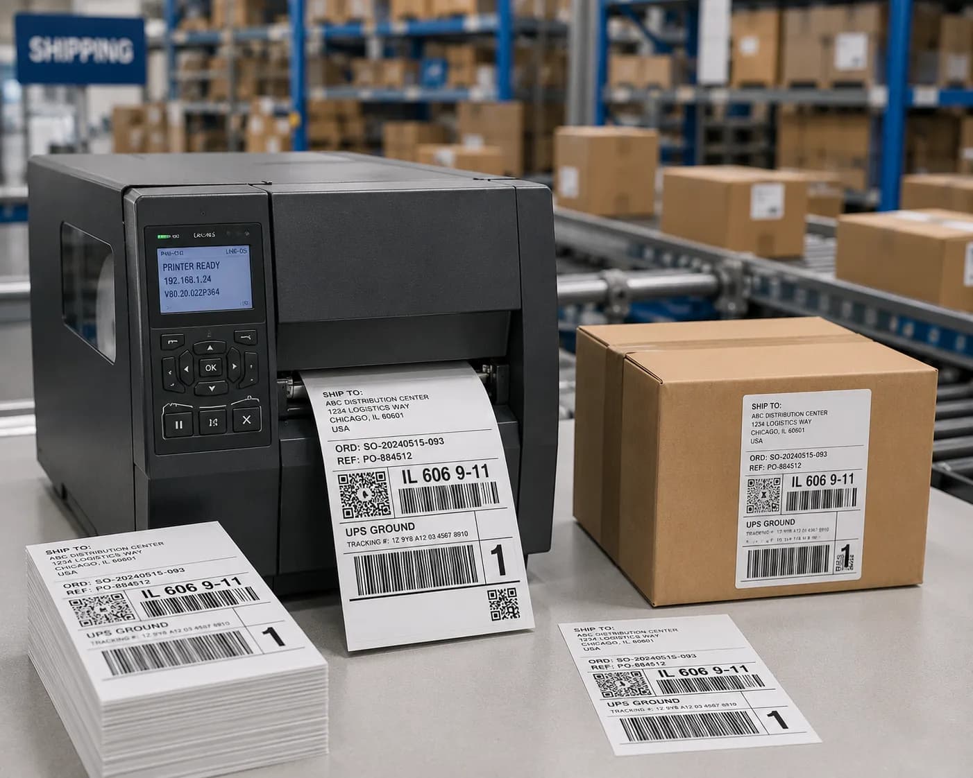 An industrial printer producing a shipping label with a tracking barcode, matching the label already applied to a carton nearby