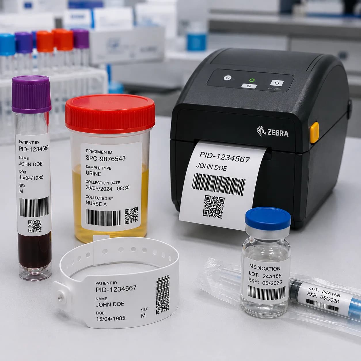 Barcode-labelled specimen tubes, a patient wristband, and medication vials next to a Zebra printer producing a matching patient ID label