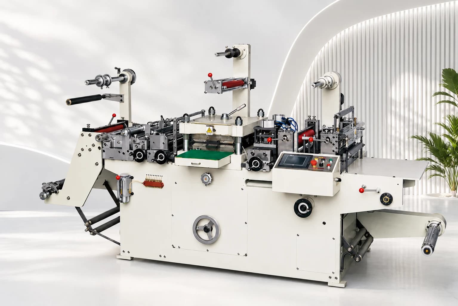 A Wenzhou label finishing machine, styled in a futuristic showroom setting